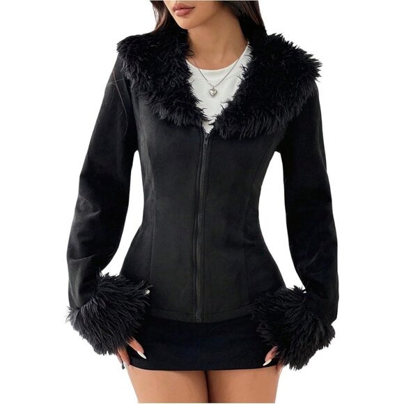 Jackets & Blazers - Women's Suede Jacket Faux Fur Collar Zip Up Long Sleeve Fuzzy Jackets Outerwear